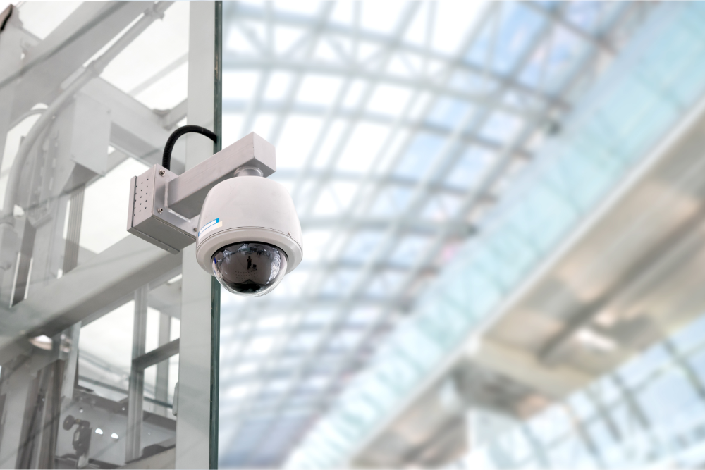 Installed dome CCTV security camera in a commercial building